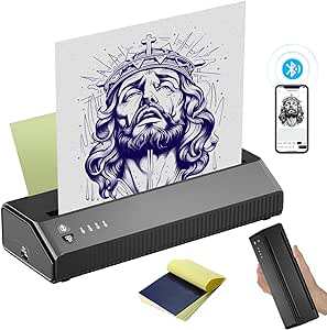Bluetooth-enabled thermal copier for tattoo templates with portability and rechargeable battery.