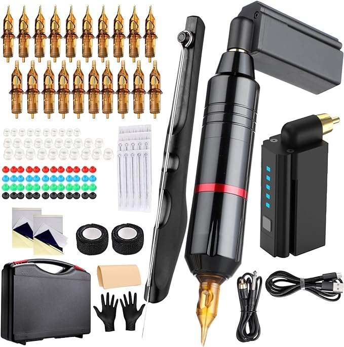 Kit para Tatuaje con máquina inalámbrica, agujas de cartucho, y piel sintética de práctica.