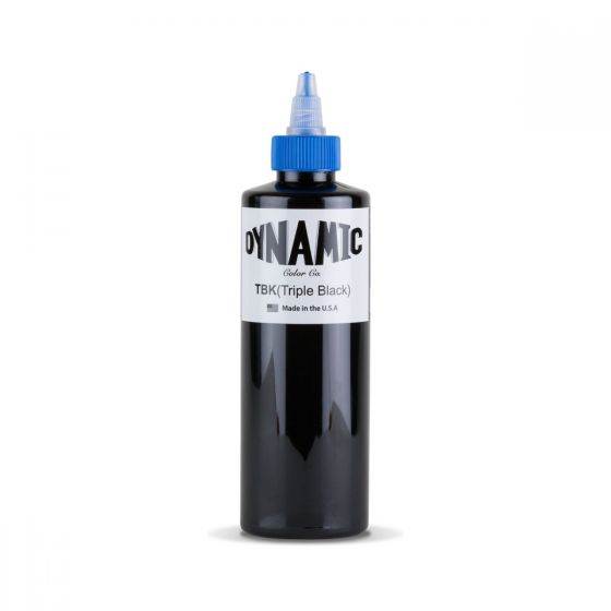 Dynamic Triple Black tattoo ink bottle with blue cap.