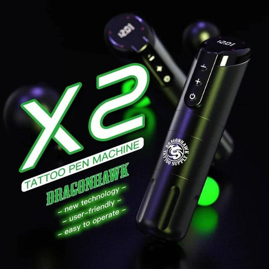 Máquina para tatuar Dragon Hawk X2 con tecnología avanzada y facilidad de uso, mostrando pantalla LED y botones de control.