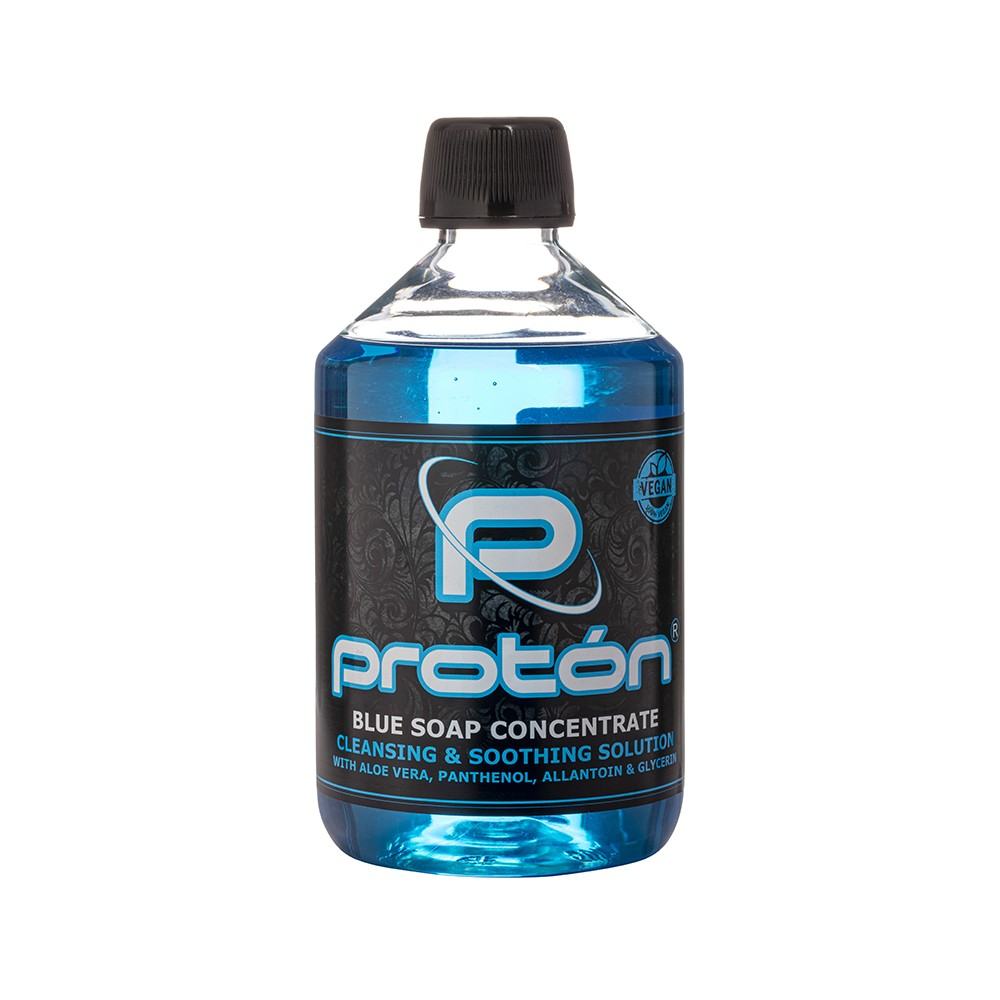 Jabón protón blue soap concentrate bottle with aloe vera, panthenol, and glycerin, vegan and made in Spain.