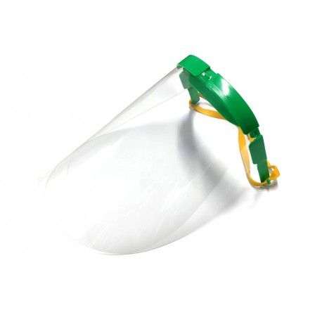 Face protection shield with kit, green adjustable headband, and transparent visor.
