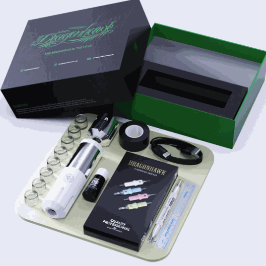 Dragonhawk wireless tattoo set with accessories, lightweight and portable package.