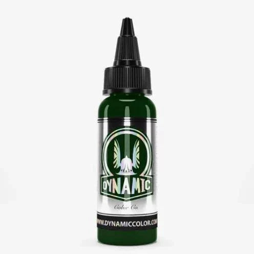 Bottle of Tinta Dark Green tattoo ink by Dynamic with black nozzle and green label