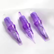 Tira de cartuchos de agujas para tatuar en plástico transparente morado, alta precisión y seguridad, paquete de 5 unidades.