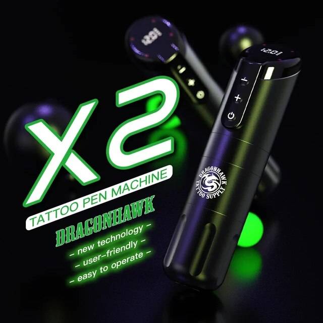 Máquina para tatuar Dragon Hawk X2 con tecnología avanzada y facilidad de uso, mostrando pantalla LED y botones de control.
