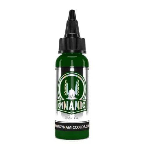 Botella de tinta para tatuajes Dynamic Ink verde con tapa negra y etiqueta distintiva.
